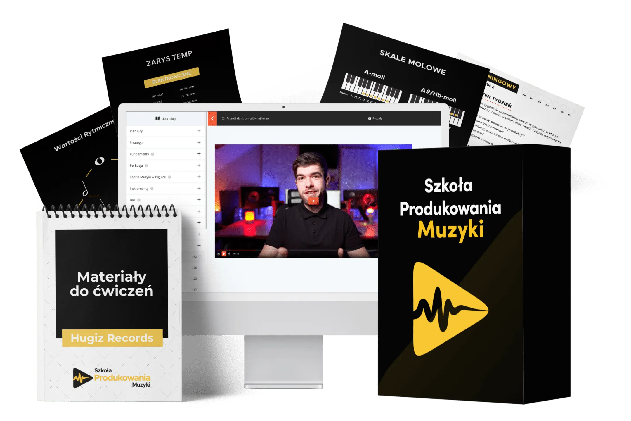 Mockup kursu Szkoła Produkowania Muzyki - platforma, materiały i bonusy